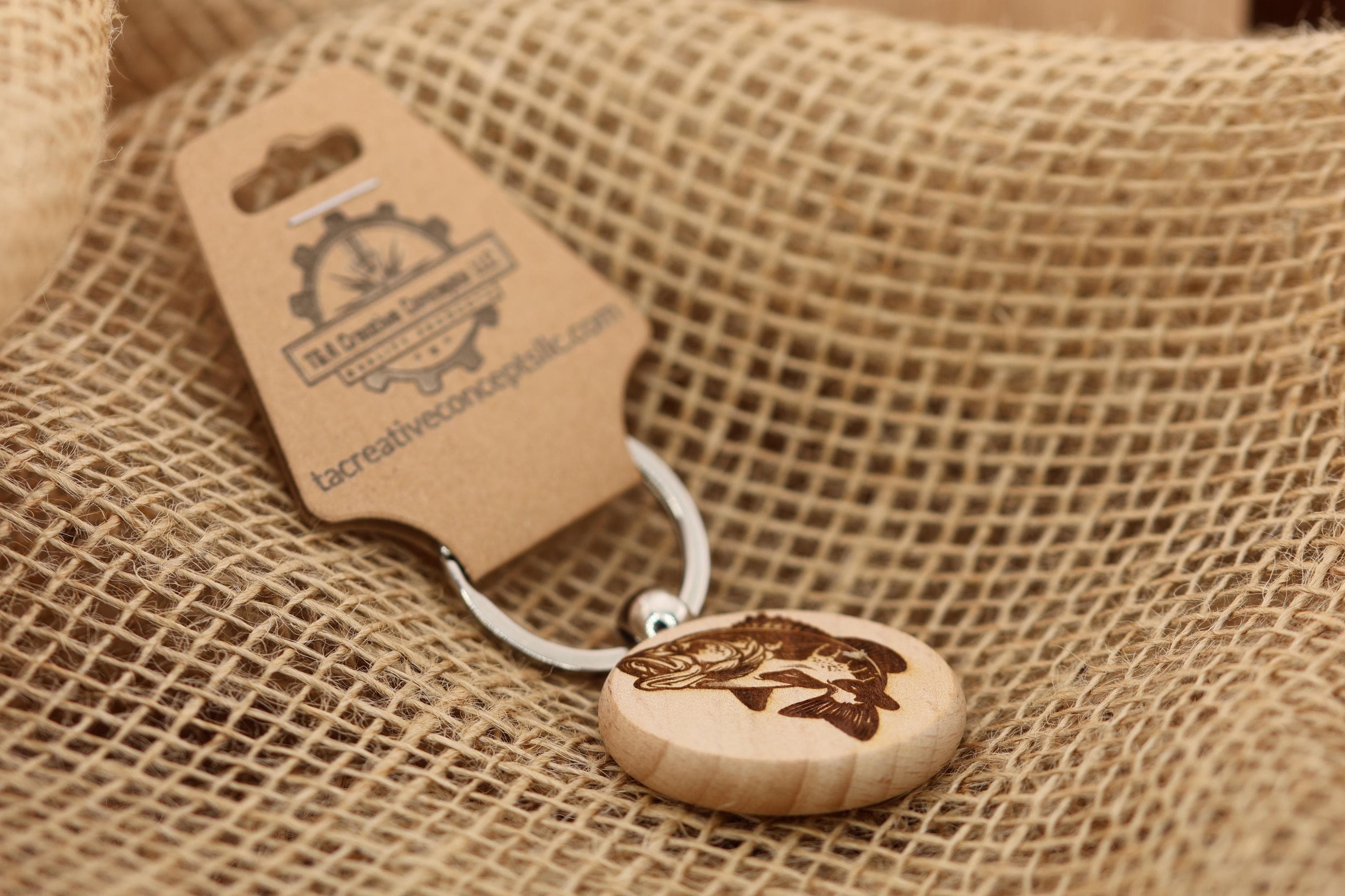 Laser engraved largemouth bass keychain / bag charm: hardwood fisherman gift