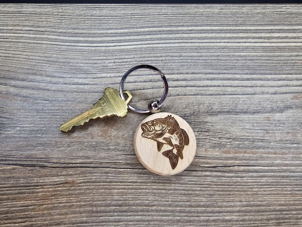 Laser engraved largemouth bass keychain / bag charm: hardwood fisherman gift