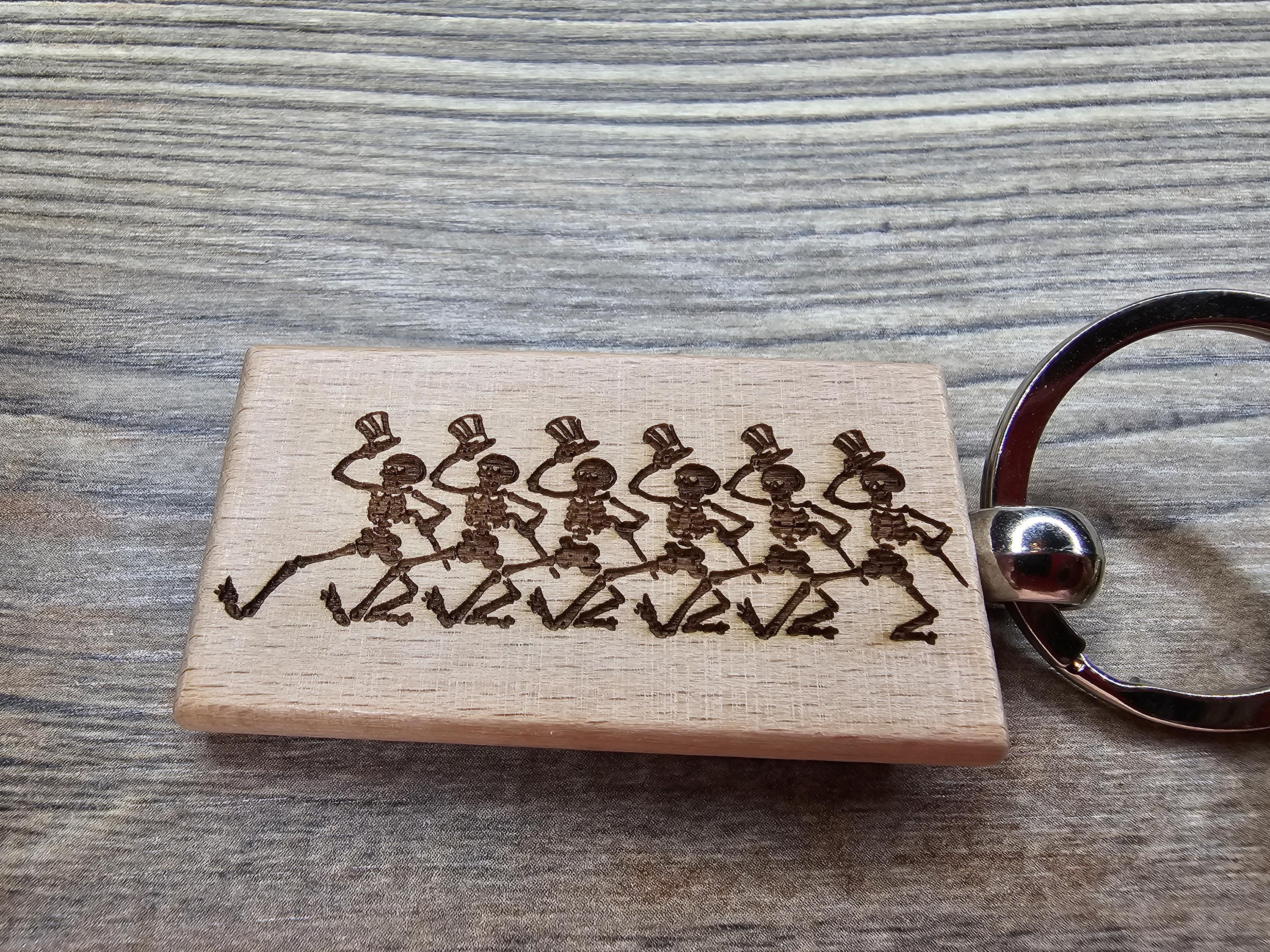 Grateful Dead dancing skeletons keychain / bag charm – double-sided laser engraved hardwood with stainless steel keyring, deadhead gift