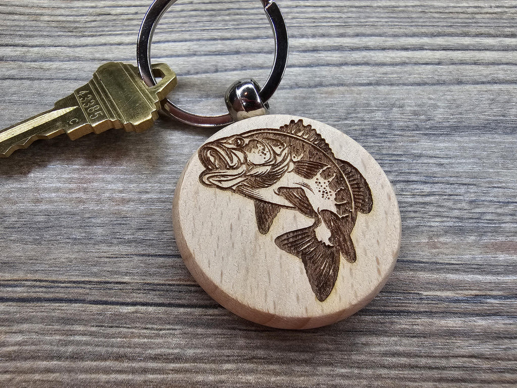 Laser engraved largemouth bass keychain / bag charm: hardwood fisherman gift