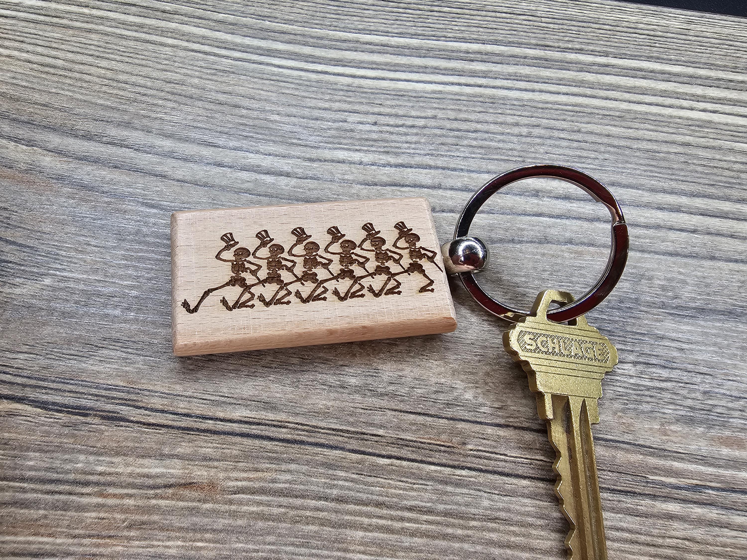 Grateful Dead dancing skeletons keychain / bag charm – double-sided laser engraved hardwood with stainless steel keyring, deadhead gift