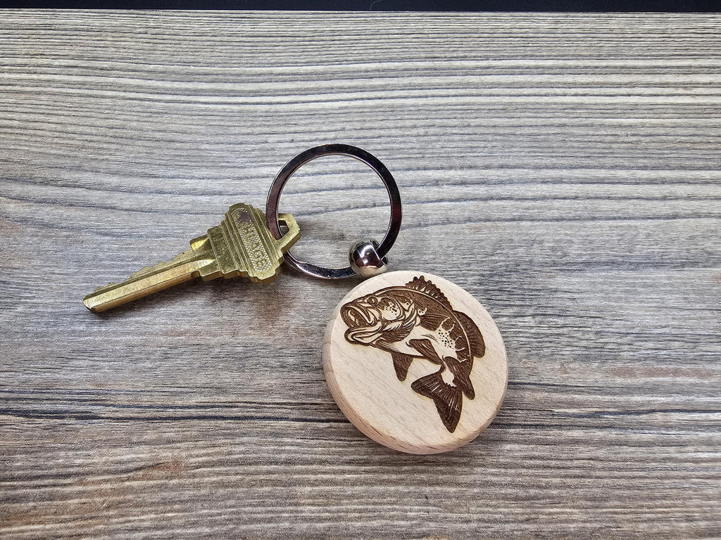 Laser engraved largemouth bass keychain / bag charm: hardwood fisherman gift