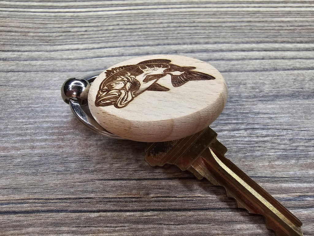 Laser engraved largemouth bass keychain / bag charm: hardwood fisherman gift