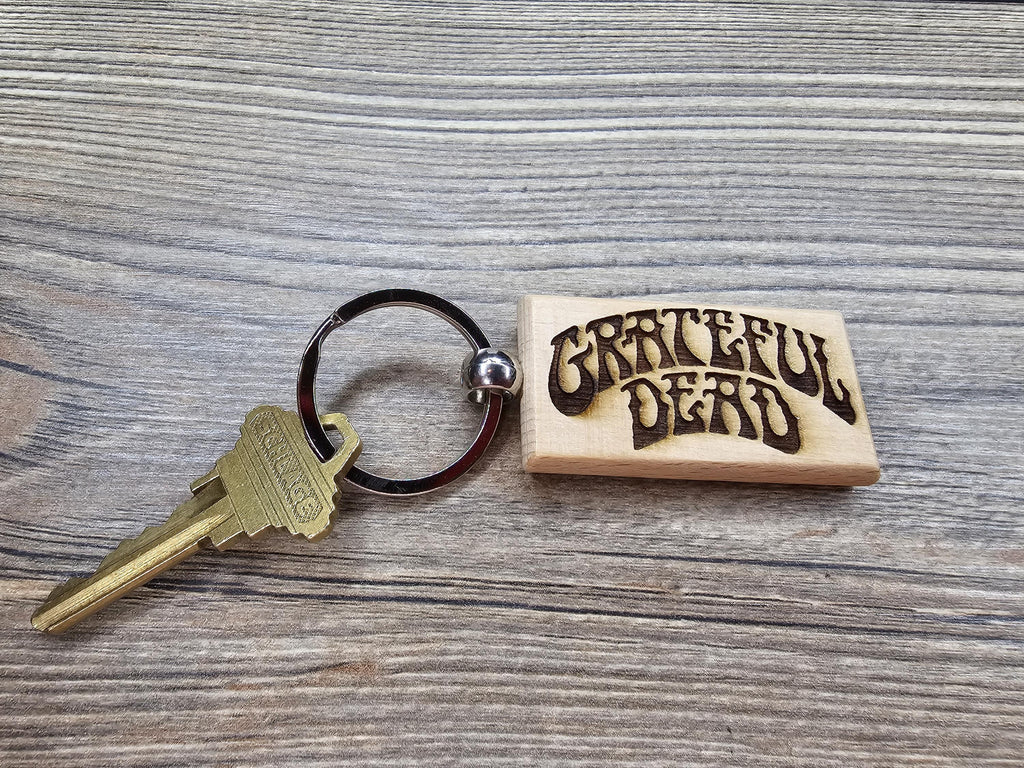 Grateful Dead keychain / bag charm– double-sided laser engraved hardwood with stainless steel keyring, deadhead gift