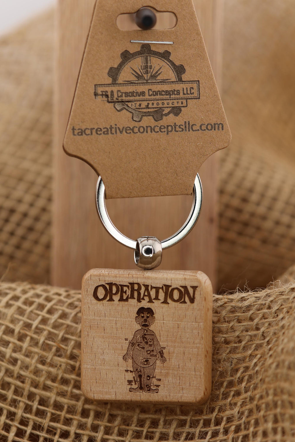 Operation board game keychain / bag charm: laser engraved wood, stainless steel keyring