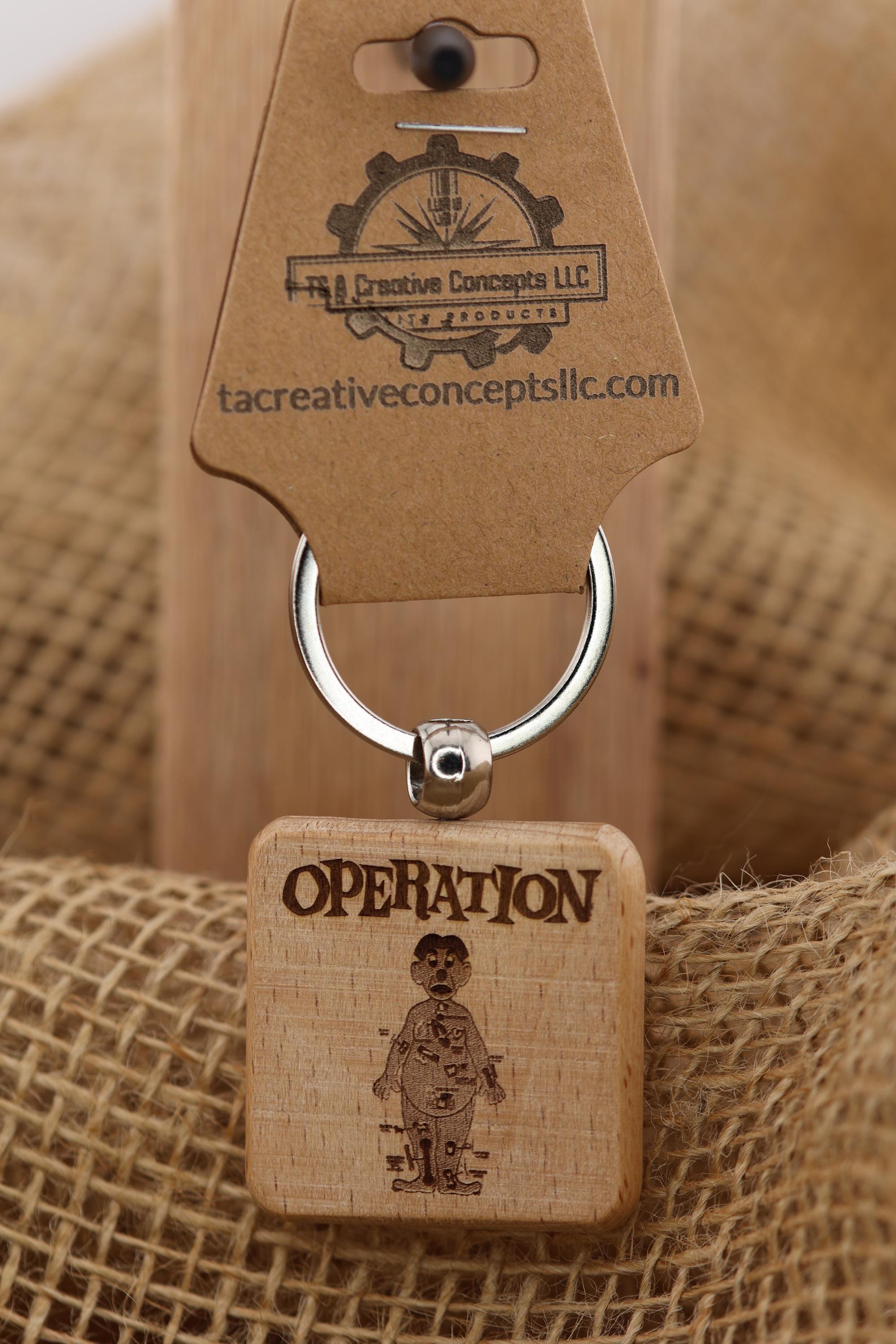 Operation board game keychain / bag charm: laser engraved wood, stainless steel keyring