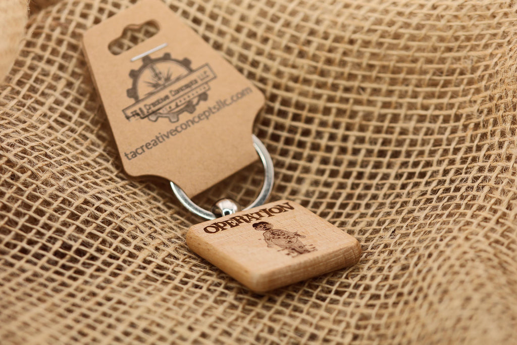 Operation board game keychain / bag charm: laser engraved wood, stainless steel keyring