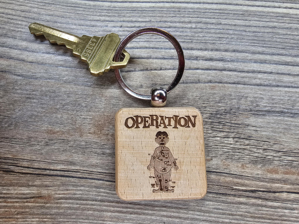 Operation board game keychain / bag charm: laser engraved wood, stainless steel keyring