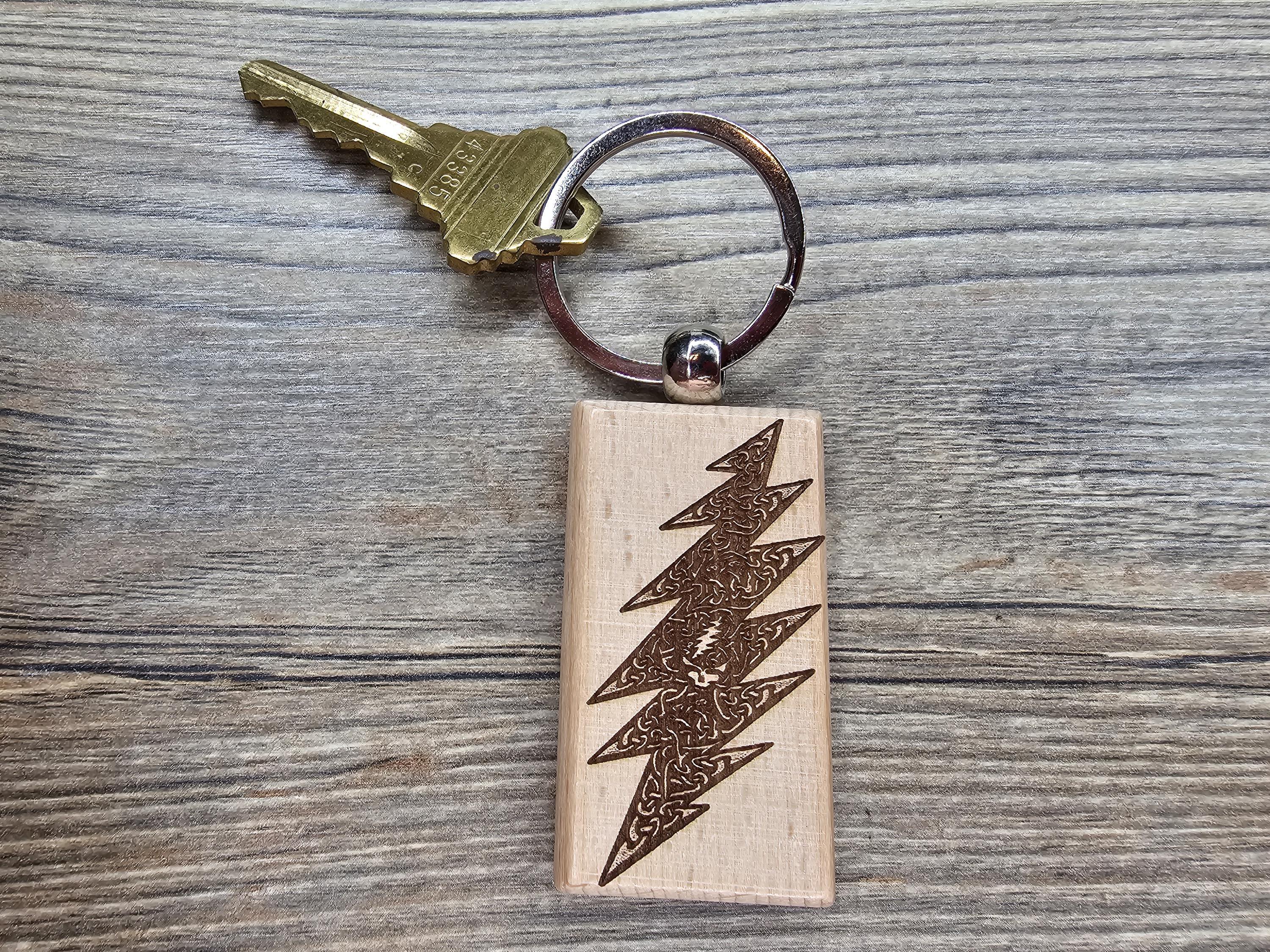 Grateful Dead 13-point celtic bolt keychain / bag charm – double-sided laser engraved hardwood w/stainless steel keyring, deadhead gift