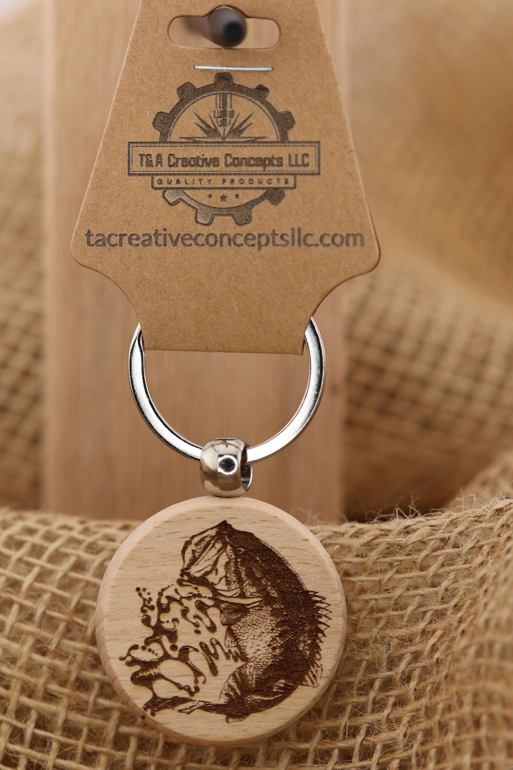 Laser engraved Largemouth Bass keychain / bag charm: hardwood fisherman gift