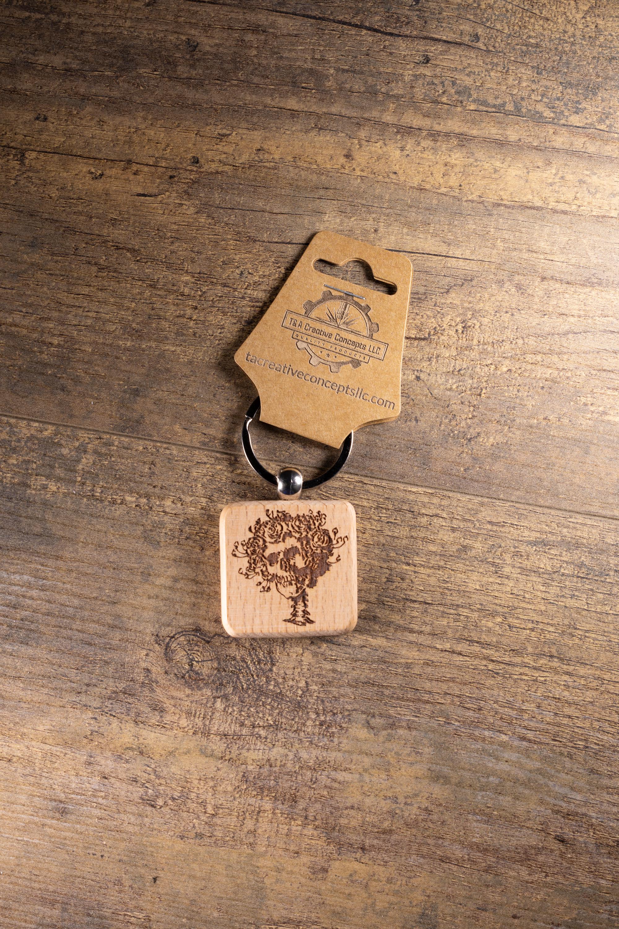 Grateful Dead Bertha keychain / bag charm – double-sided laser engraved wood with stainless steel keyring, band fan gift