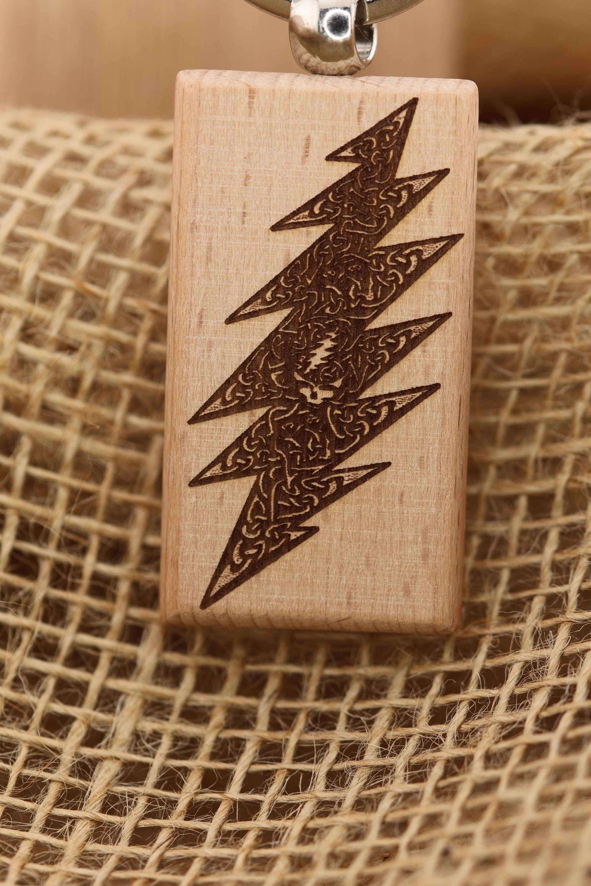 Grateful Dead 13-point celtic bolt keychain / bag charm – double-sided laser engraved hardwood w/stainless steel keyring, deadhead gift