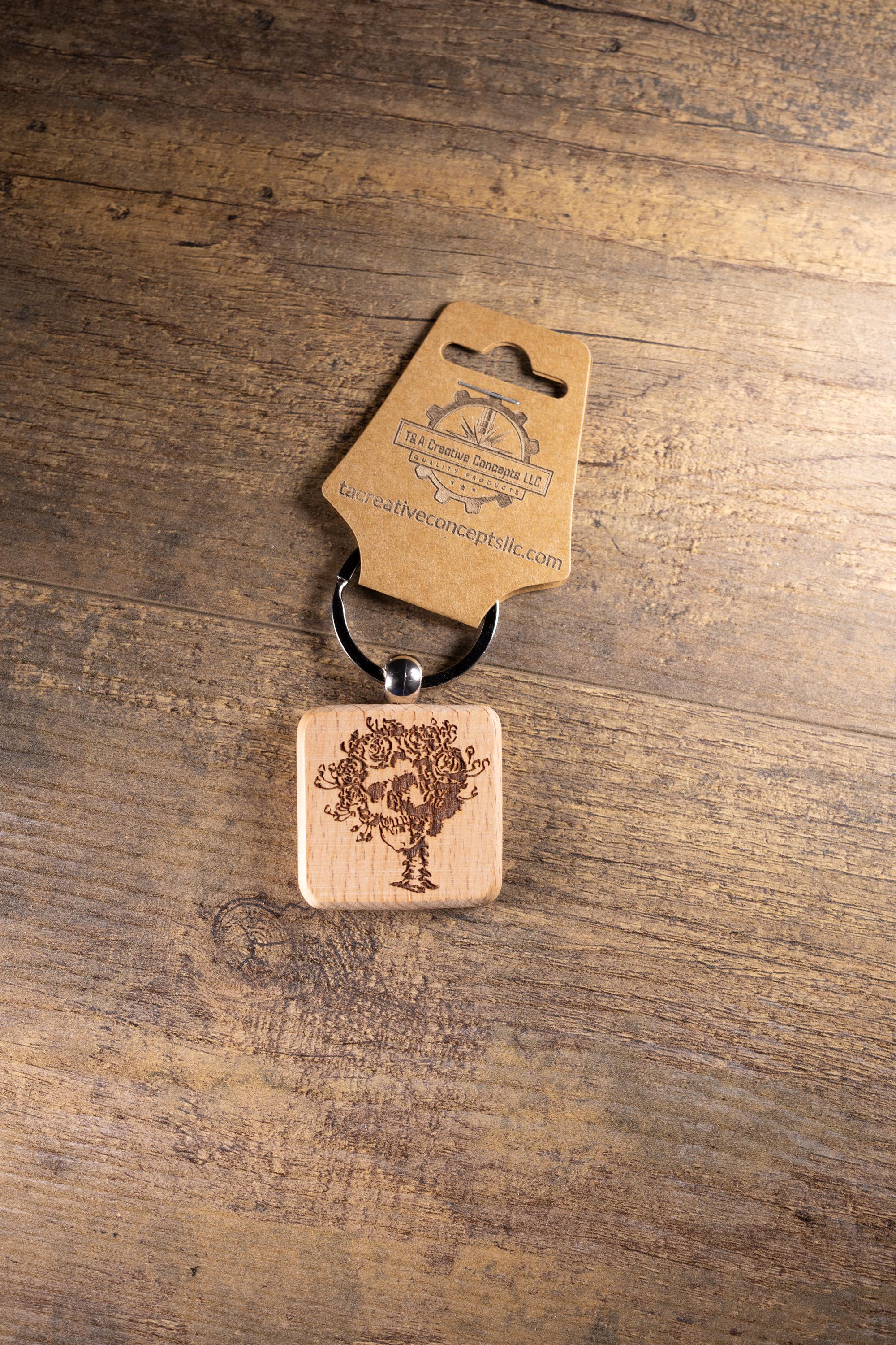 Grateful Dead Bertha keychain / bag charm – double-sided laser engraved wood with stainless steel keyring, band fan gift