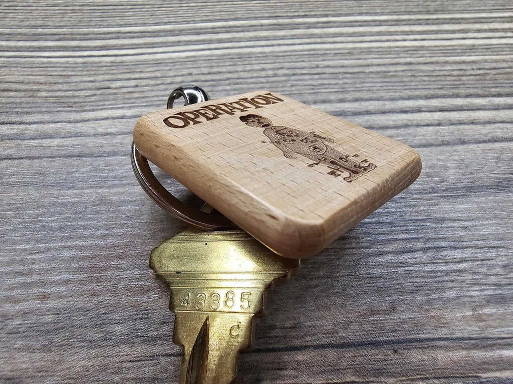 Operation board game keychain / bag charm: laser engraved wood, stainless steel keyring