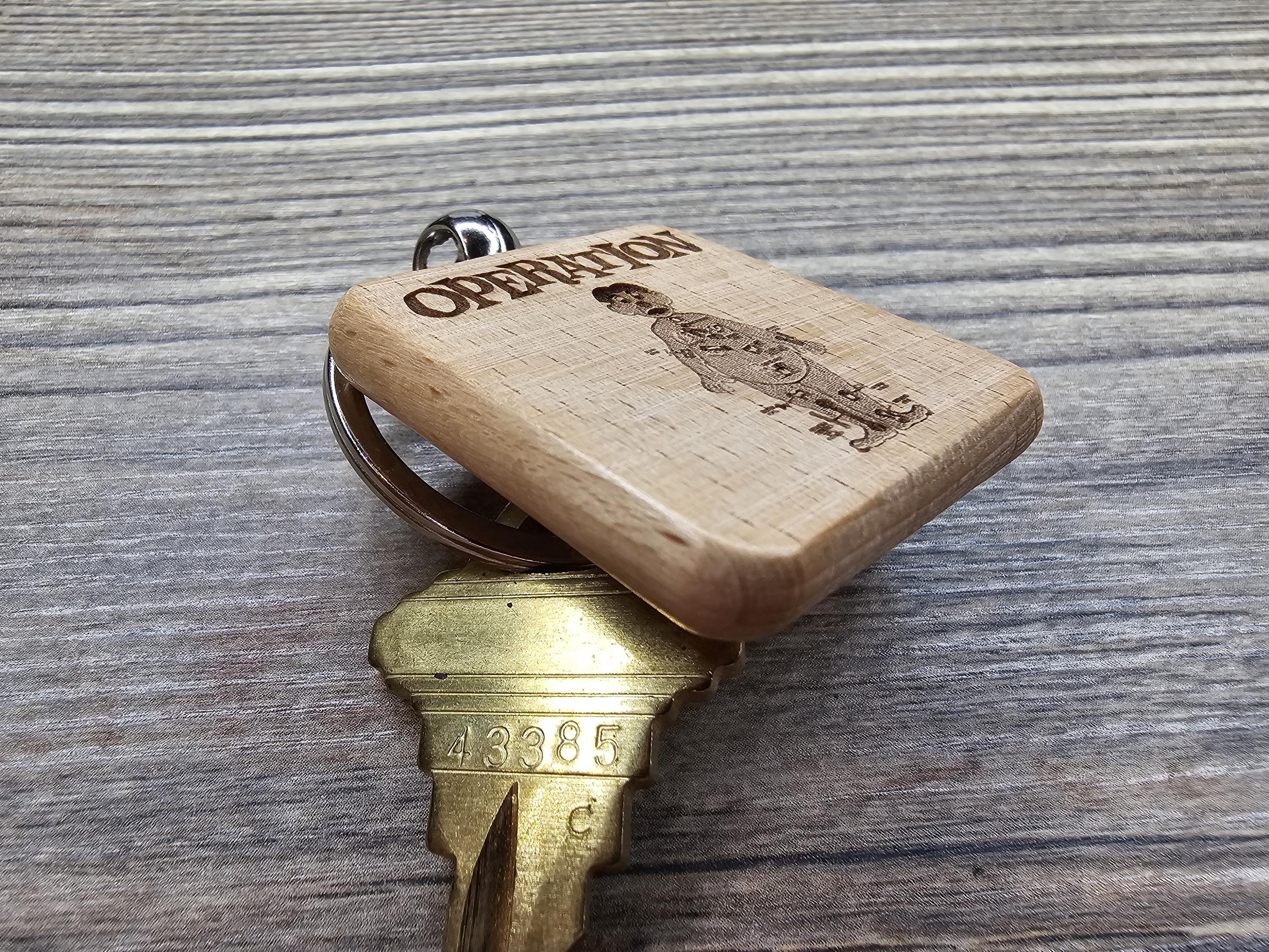 Operation board game keychain / bag charm: laser engraved wood, stainless steel keyring