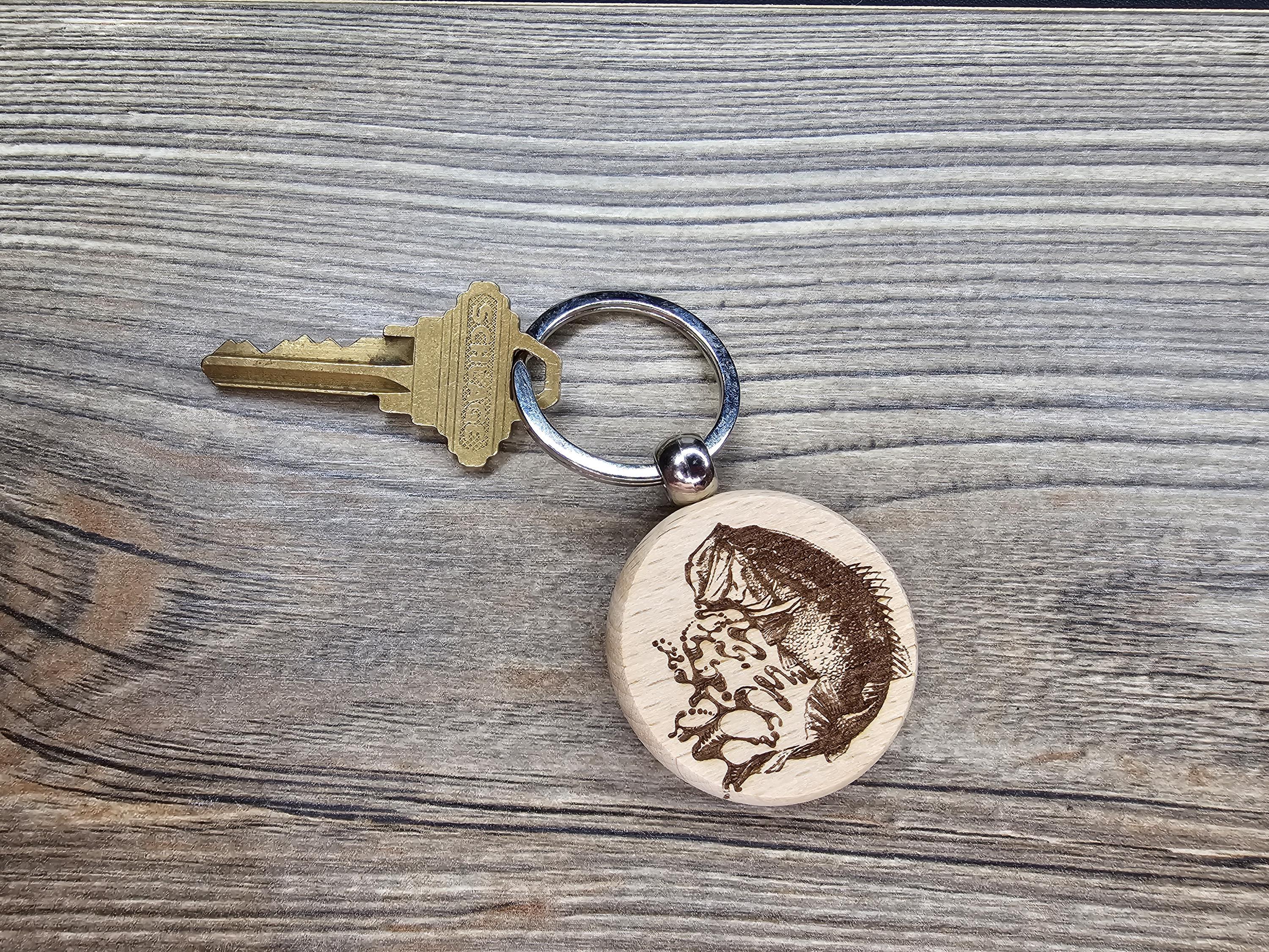 Laser engraved Largemouth Bass keychain / bag charm: hardwood fisherman gift