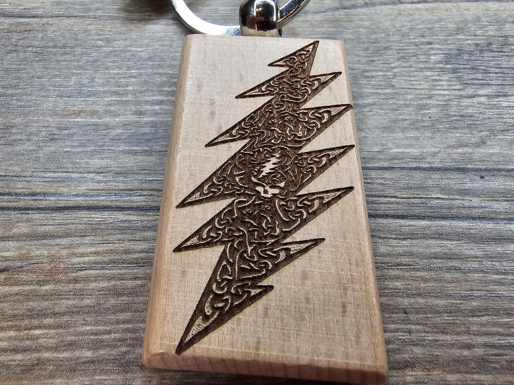 Grateful Dead 13-point celtic bolt keychain / bag charm – double-sided laser engraved hardwood w/stainless steel keyring, deadhead gift