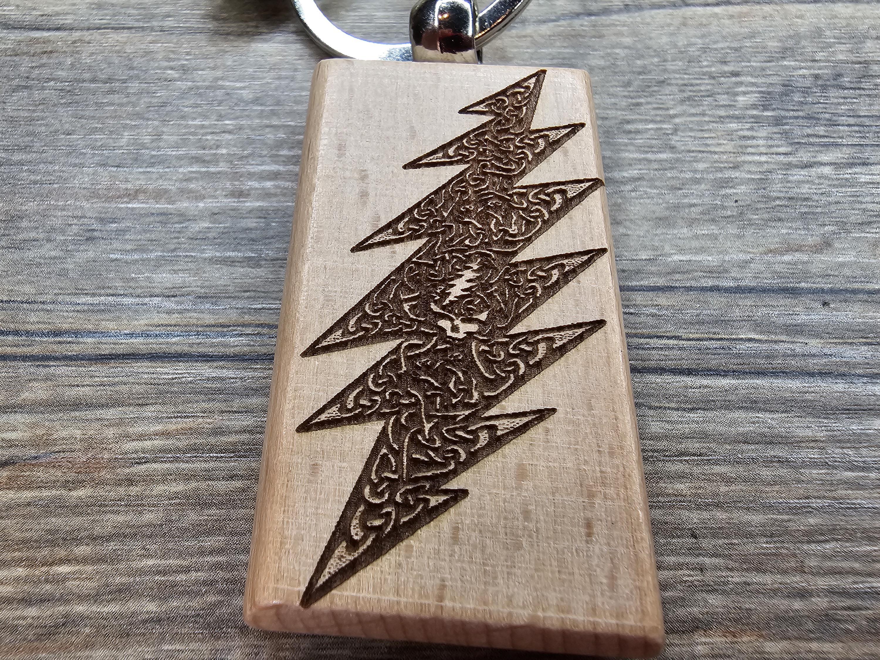 Grateful Dead 13-point celtic bolt keychain / bag charm – double-sided laser engraved hardwood w/stainless steel keyring, deadhead gift