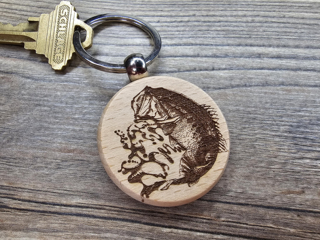 Laser engraved Largemouth Bass keychain / bag charm: hardwood fisherman gift