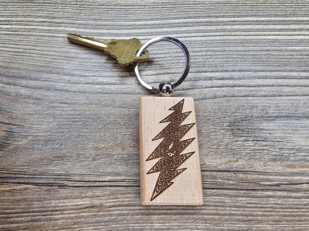 Grateful Dead 13-point celtic bolt keychain / bag charm – double-sided laser engraved hardwood w/stainless steel keyring, deadhead gift