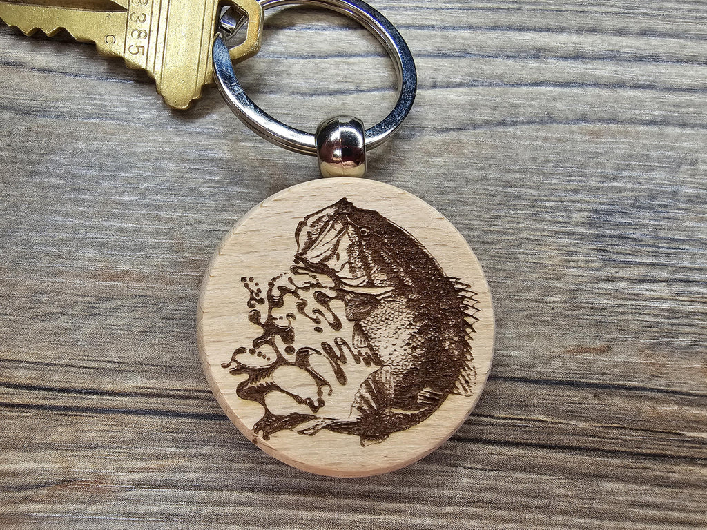 Laser engraved Largemouth Bass keychain / bag charm: hardwood fisherman gift