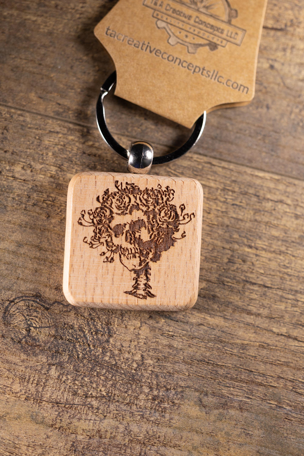 Grateful Dead Bertha keychain / bag charm – double-sided laser engraved wood with stainless steel keyring, band fan gift