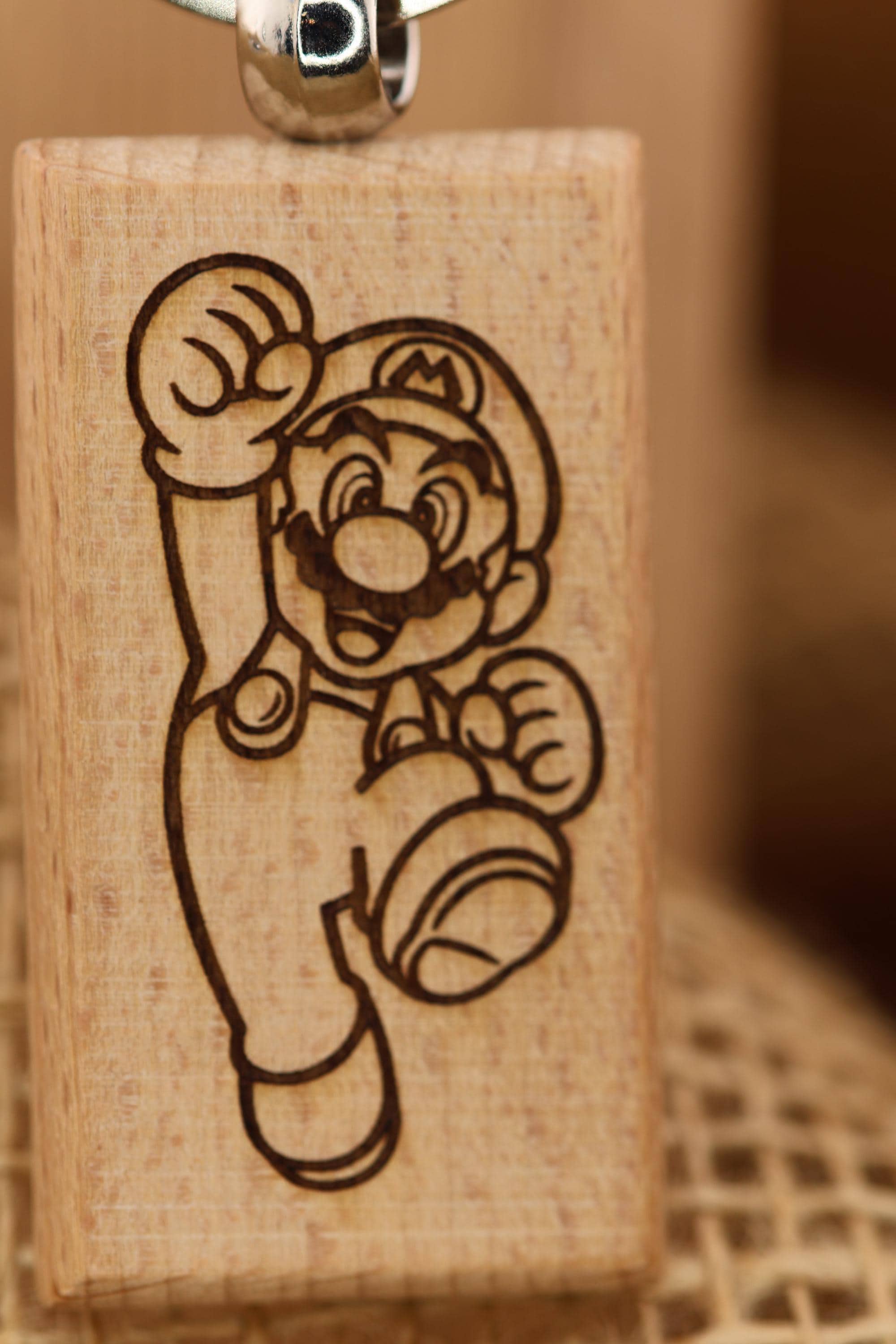 Laser engraved hardwood Mario keychain / bag charm: NES super mario bros gamer gift