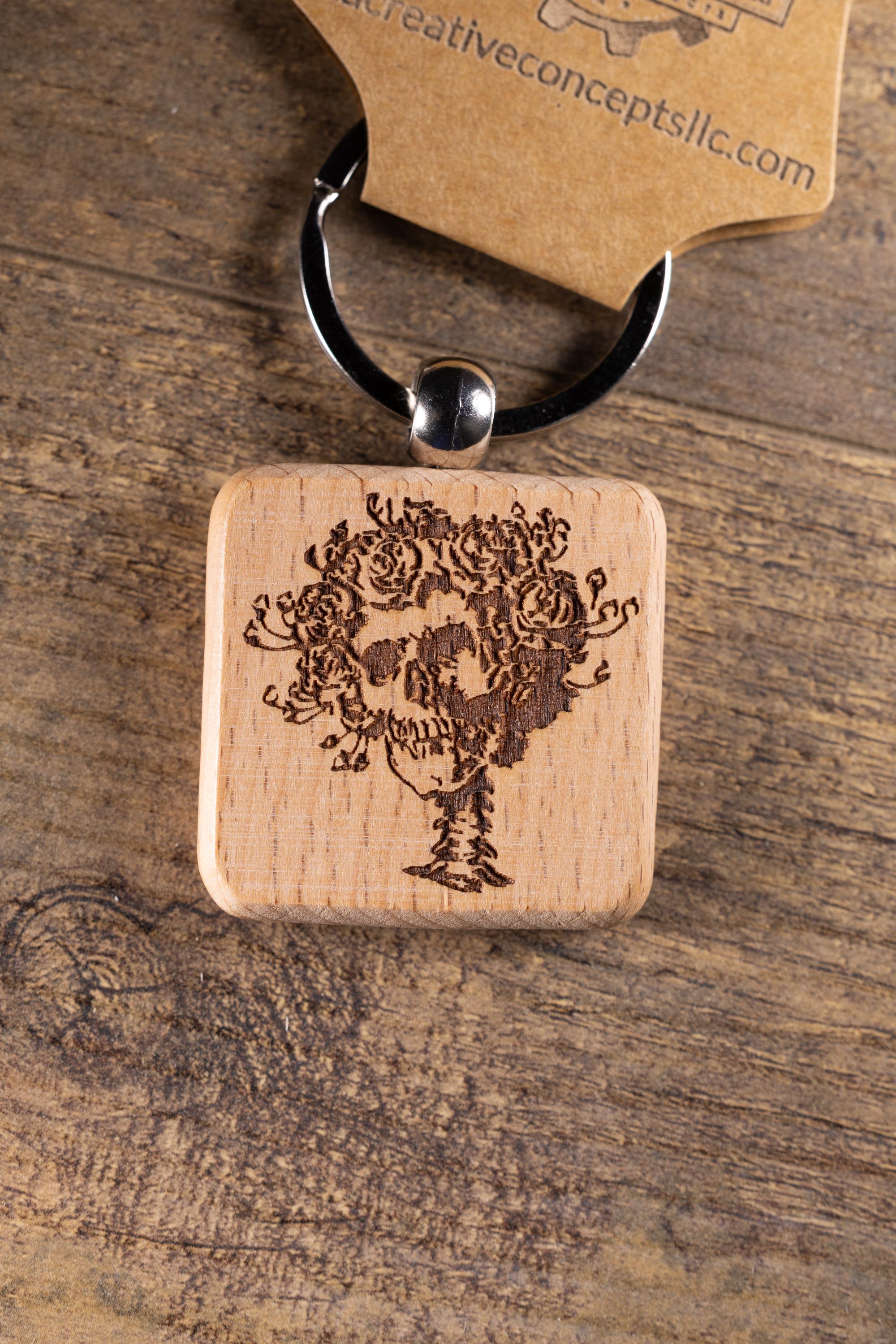 Grateful Dead Bertha keychain / bag charm – double-sided laser engraved wood with stainless steel keyring, band fan gift