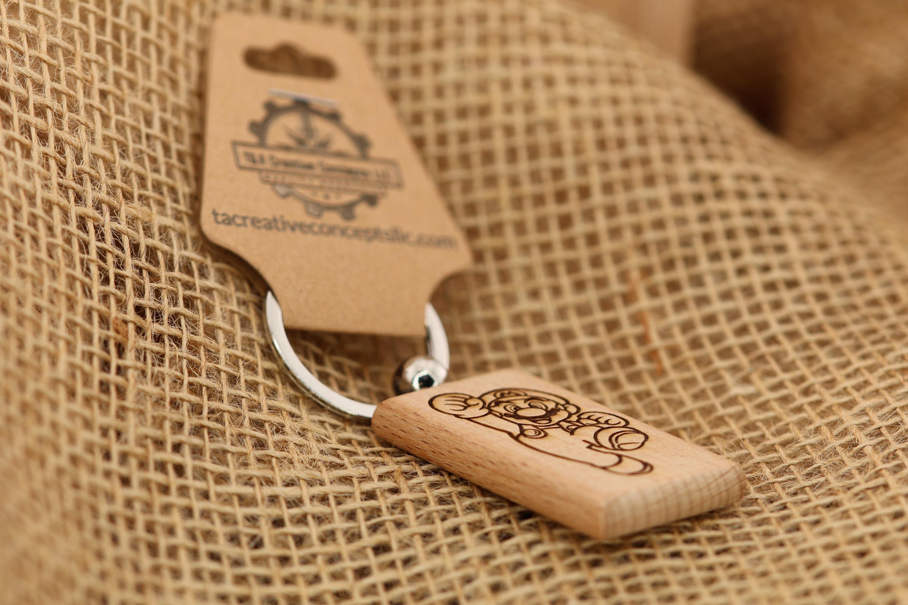 Laser engraved hardwood Mario keychain / bag charm: NES super mario bros gamer gift