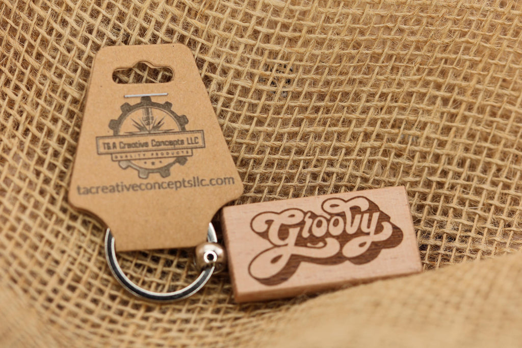 Groovy keychain / bag charm: double-sided laser engraved hardwood, retro 70s style