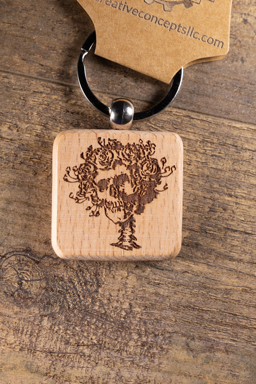 Grateful Dead Bertha keychain / bag charm – double-sided laser engraved wood with stainless steel keyring, band fan gift