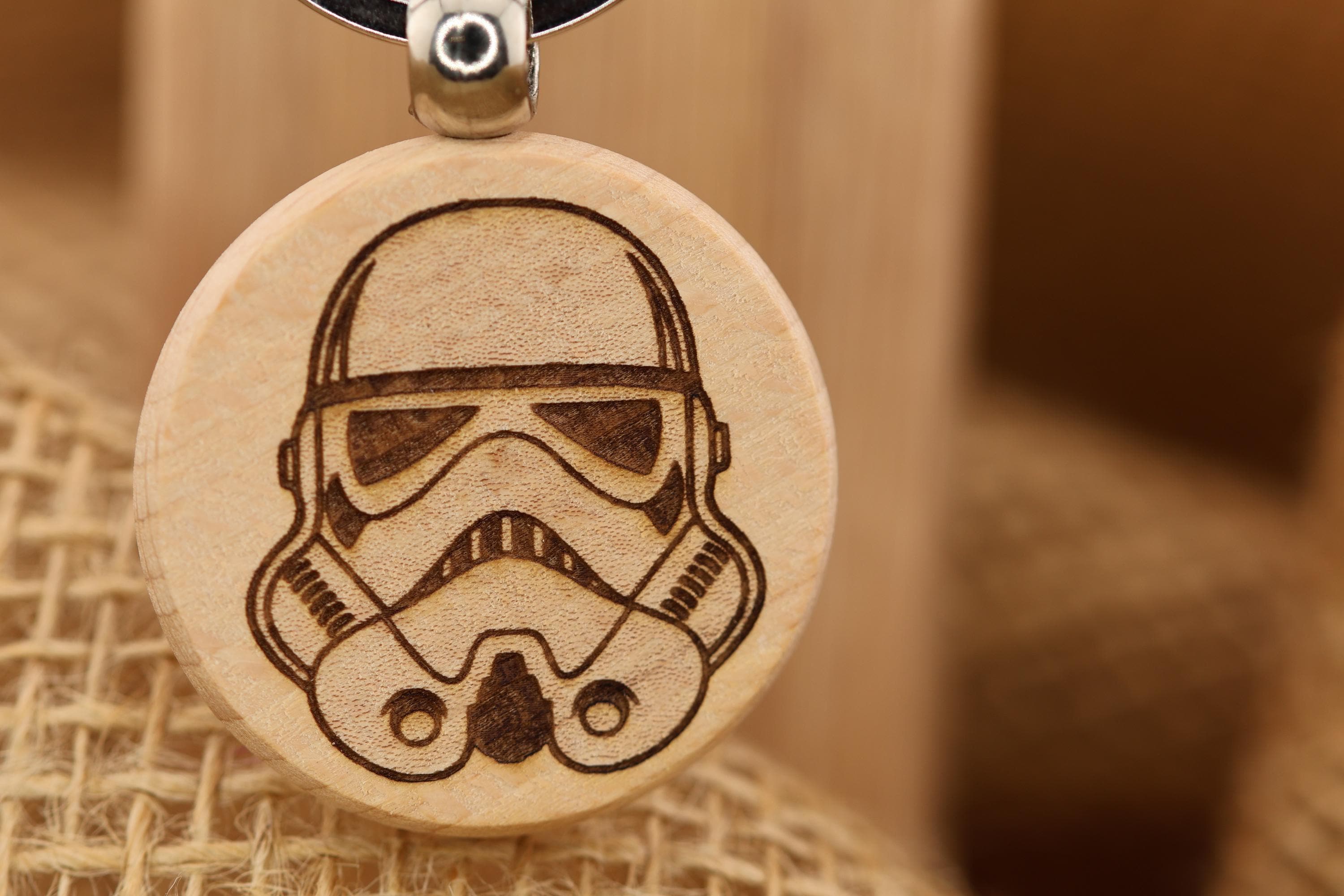 Laser engraved Stormtrooper helmet keychain / bag charm: hardwood star wars fan gift