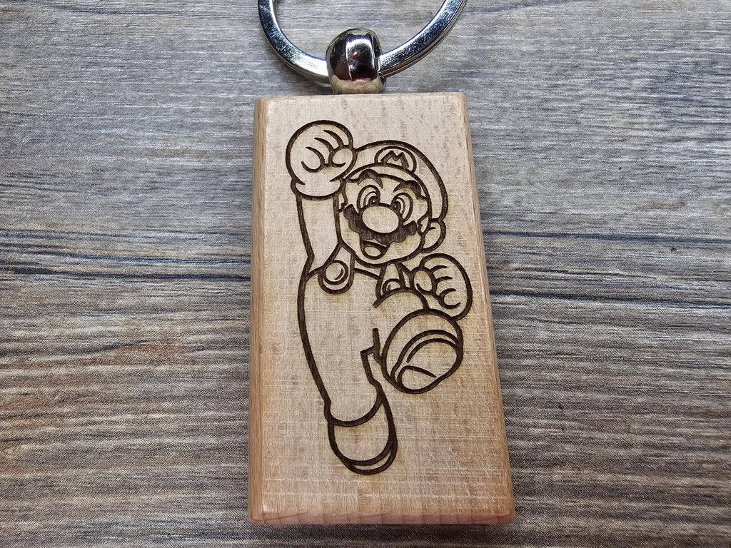 Laser engraved hardwood Mario keychain / bag charm: NES super mario bros gamer gift
