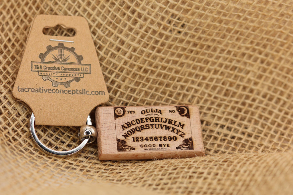 Ouija board keychain / bag charm: laser engraved hardwood, stainless steel keyring