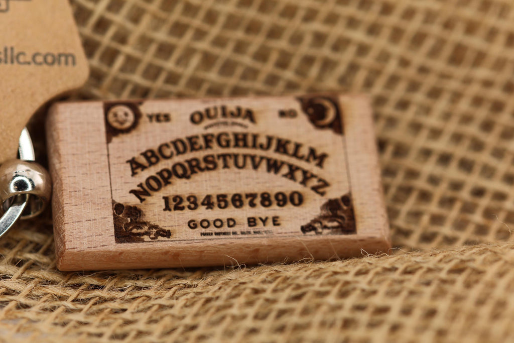 Ouija board keychain / bag charm: laser engraved hardwood, stainless steel keyring