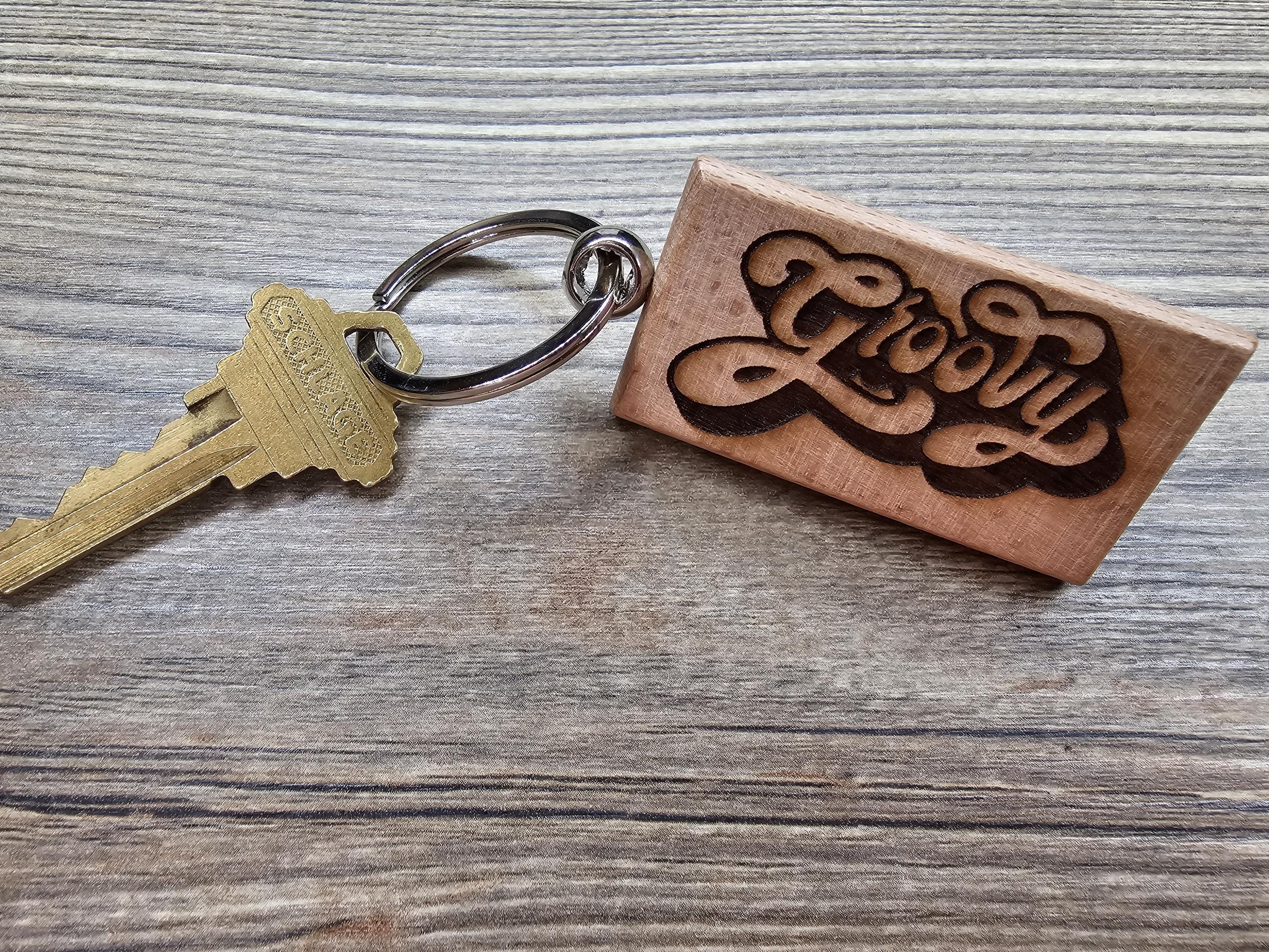 Groovy keychain / bag charm: double-sided laser engraved hardwood, retro 70s style