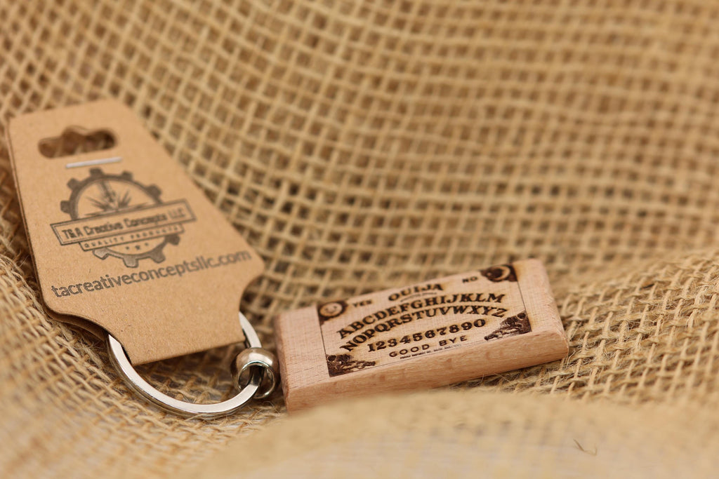 Ouija board keychain / bag charm: laser engraved hardwood, stainless steel keyring
