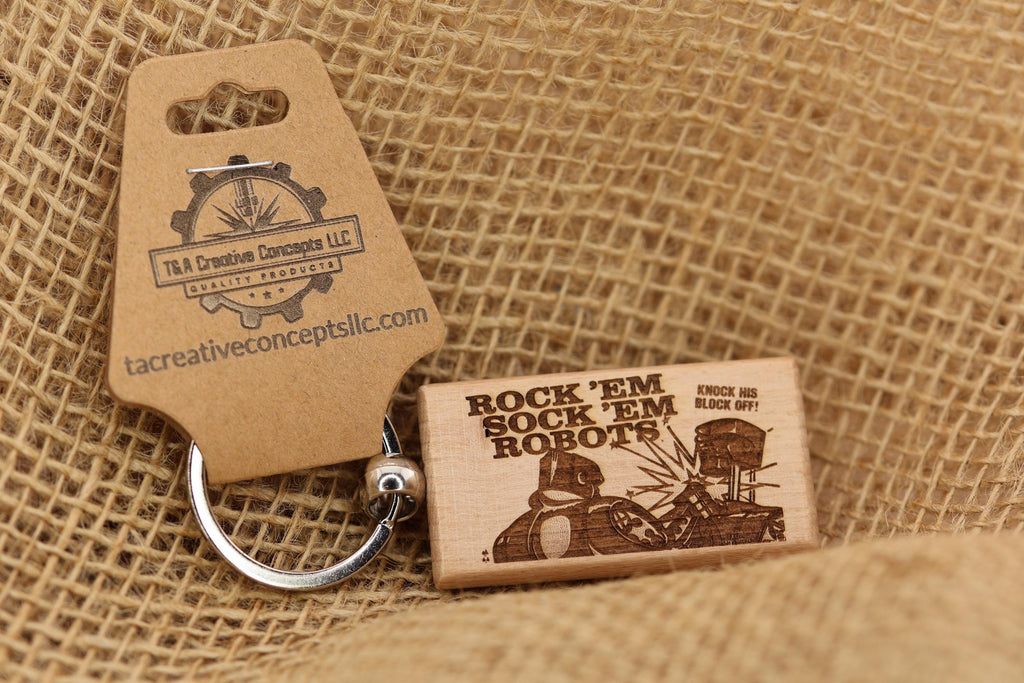 Rock'em sock'em robots keychain / bag charm: laser engraved hardwood, retro toy gift