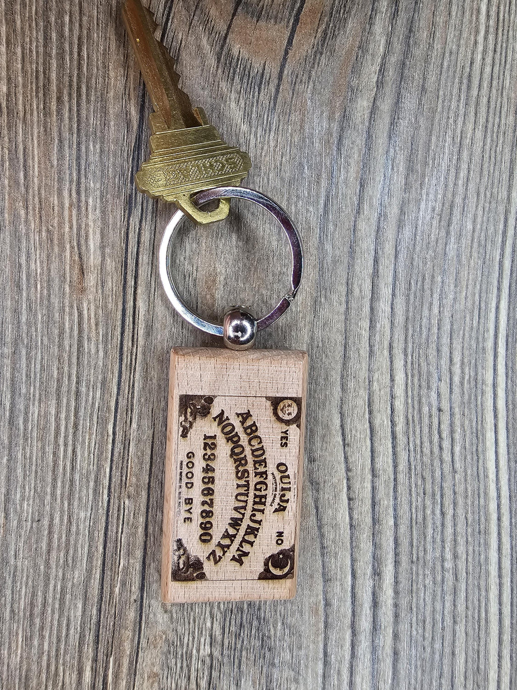 Ouija board keychain / bag charm: laser engraved hardwood, stainless steel keyring