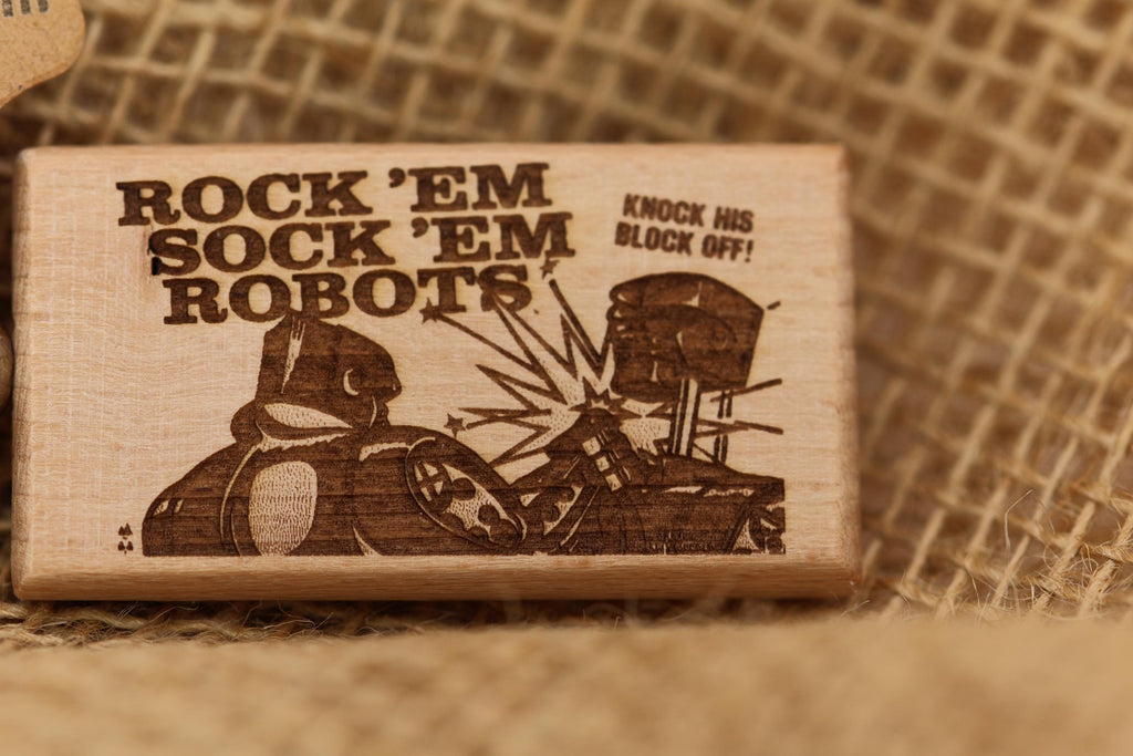 Rock'em sock'em robots keychain / bag charm: laser engraved hardwood, retro toy gift