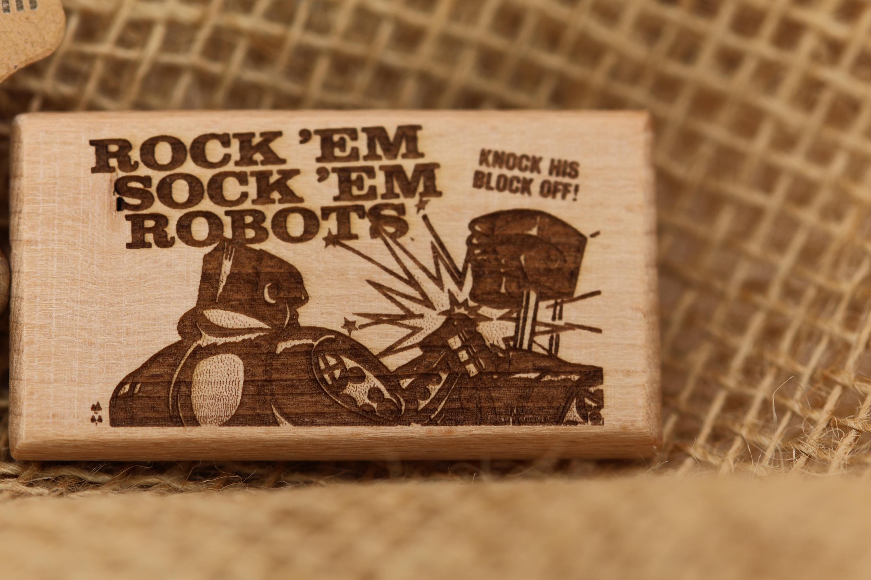 Rock'em sock'em robots keychain / bag charm: laser engraved hardwood, retro toy gift