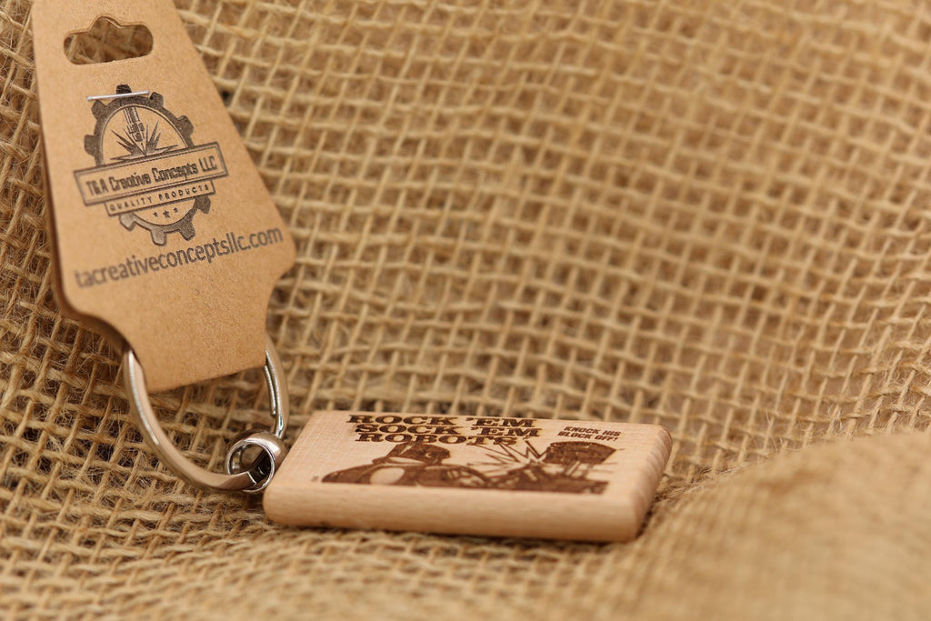 Rock'em sock'em robots keychain / bag charm: laser engraved hardwood, retro toy gift