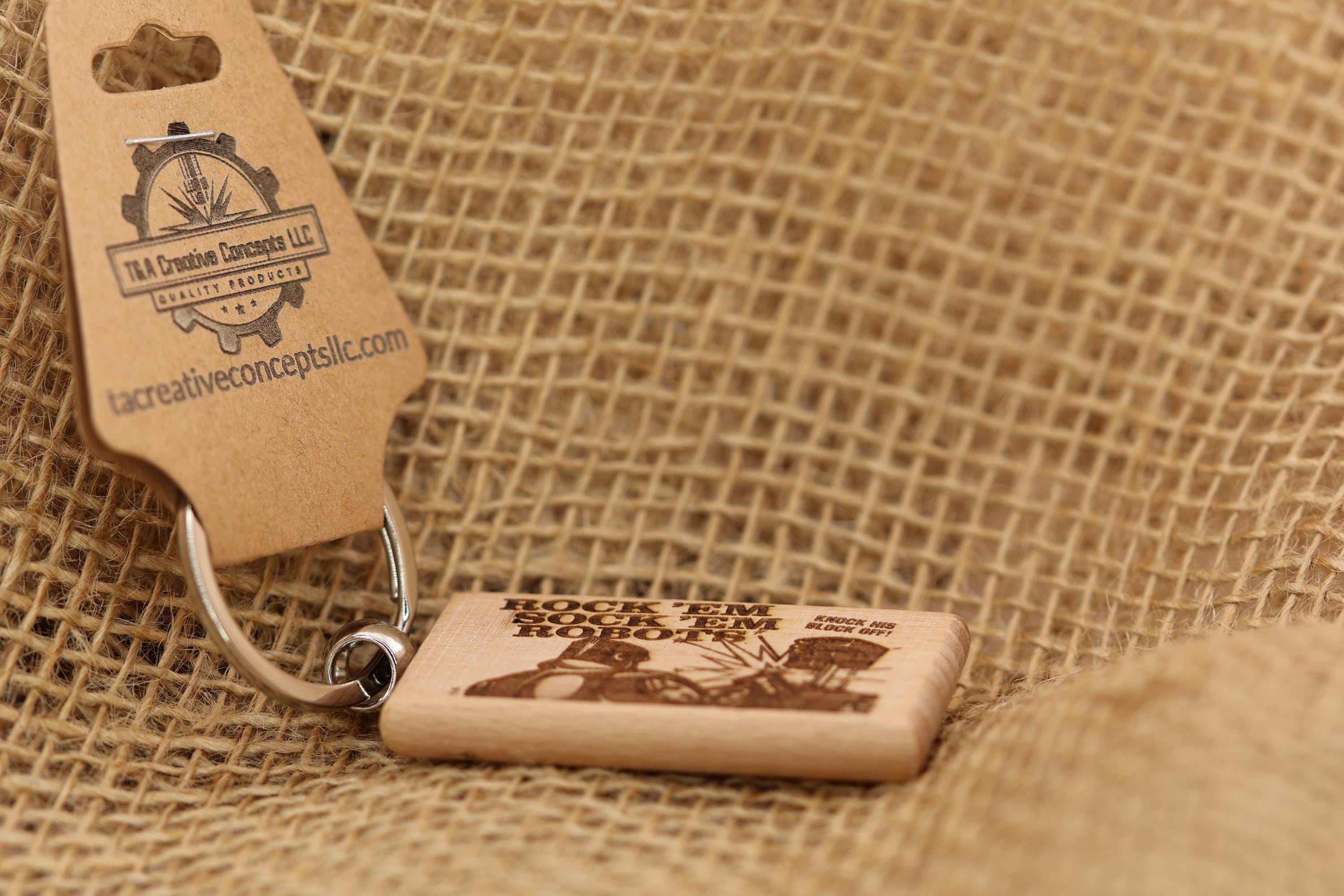 Rock'em sock'em robots keychain / bag charm: laser engraved hardwood, retro toy gift