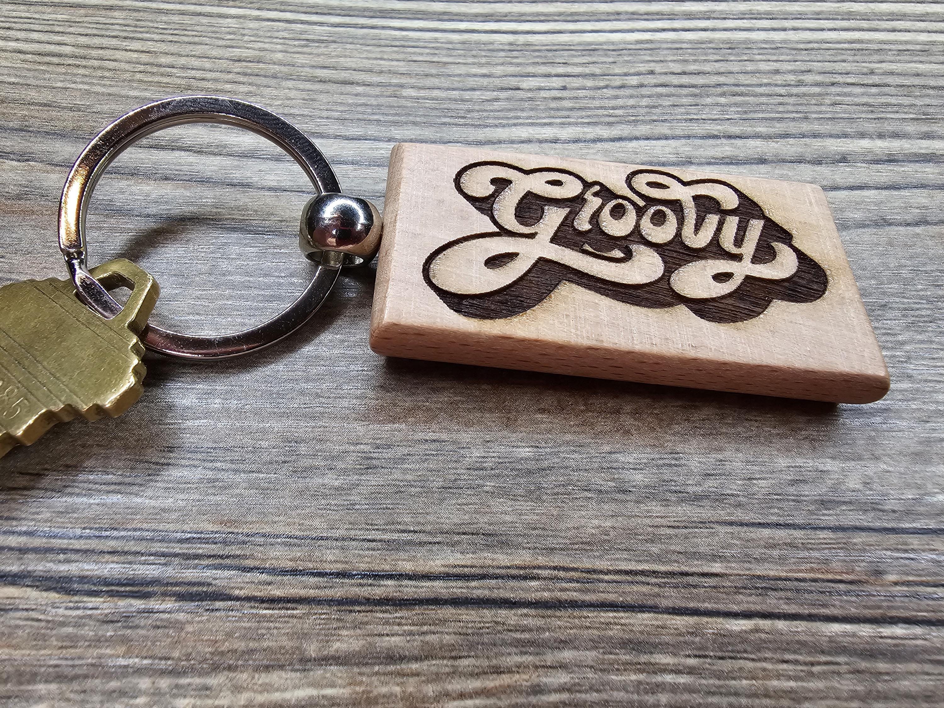 Groovy keychain / bag charm: double-sided laser engraved hardwood, retro 70s style