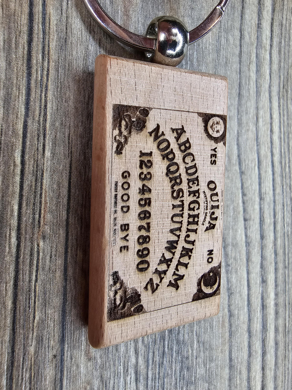 Ouija board keychain / bag charm: laser engraved hardwood, stainless steel keyring