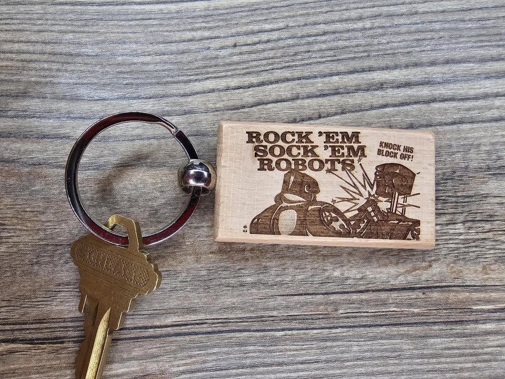 Rock'em sock'em robots keychain / bag charm: laser engraved hardwood, retro toy gift