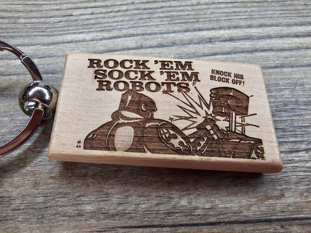 Rock'em sock'em robots keychain / bag charm: laser engraved hardwood, retro toy gift