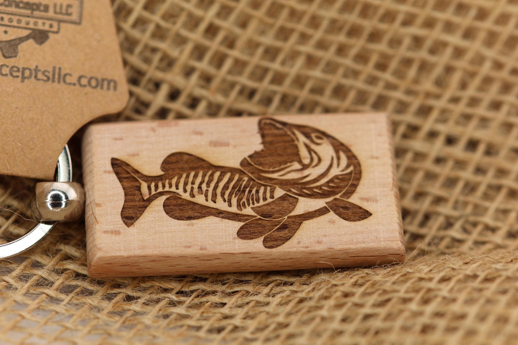 Laser engraved hardwood muskie keychain / bag charm - fishing gift