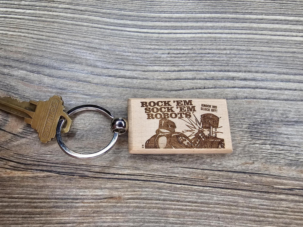 Rock'em sock'em robots keychain / bag charm: laser engraved hardwood, retro toy gift