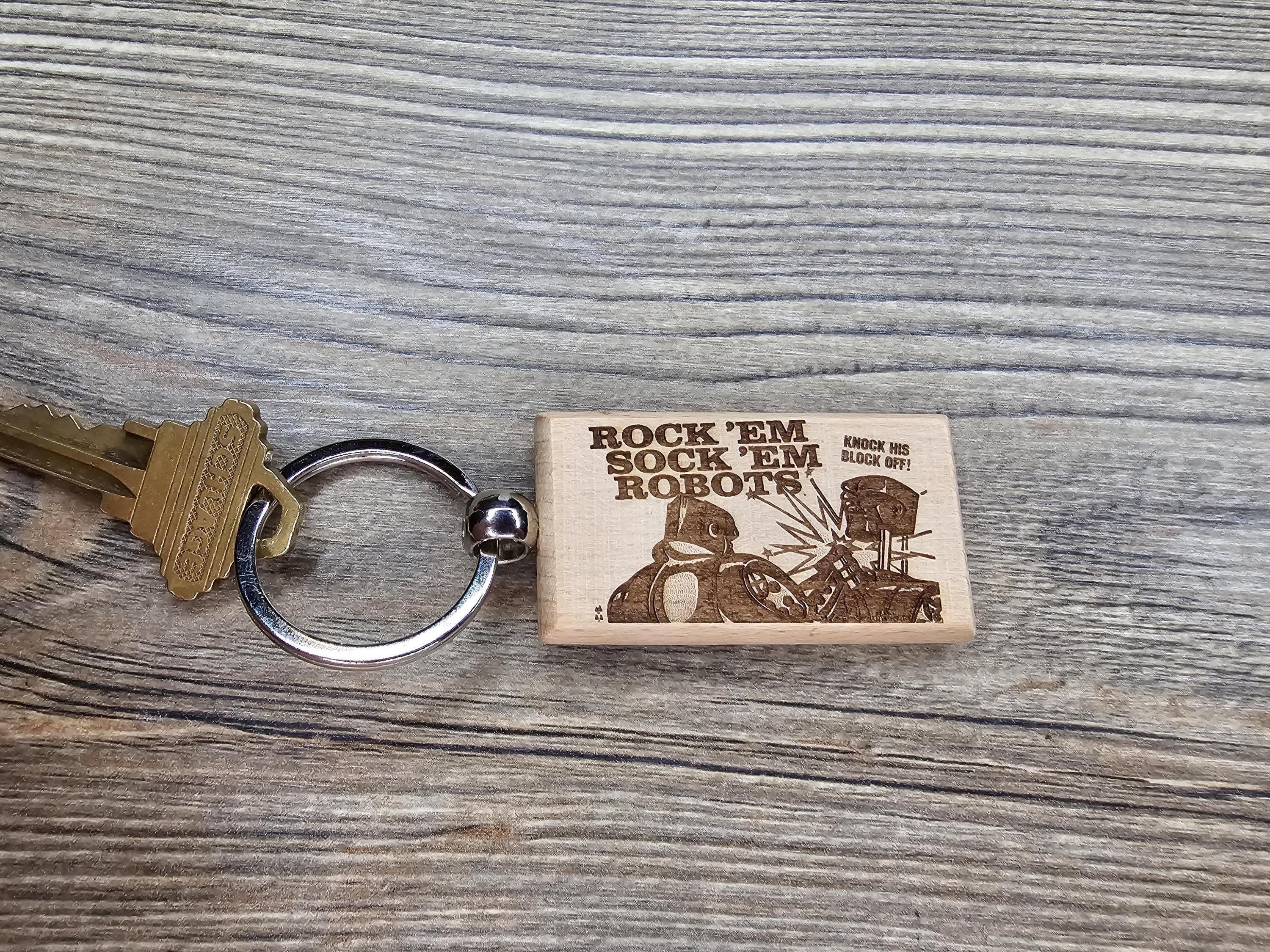 Rock'em sock'em robots keychain / bag charm: laser engraved hardwood, retro toy gift